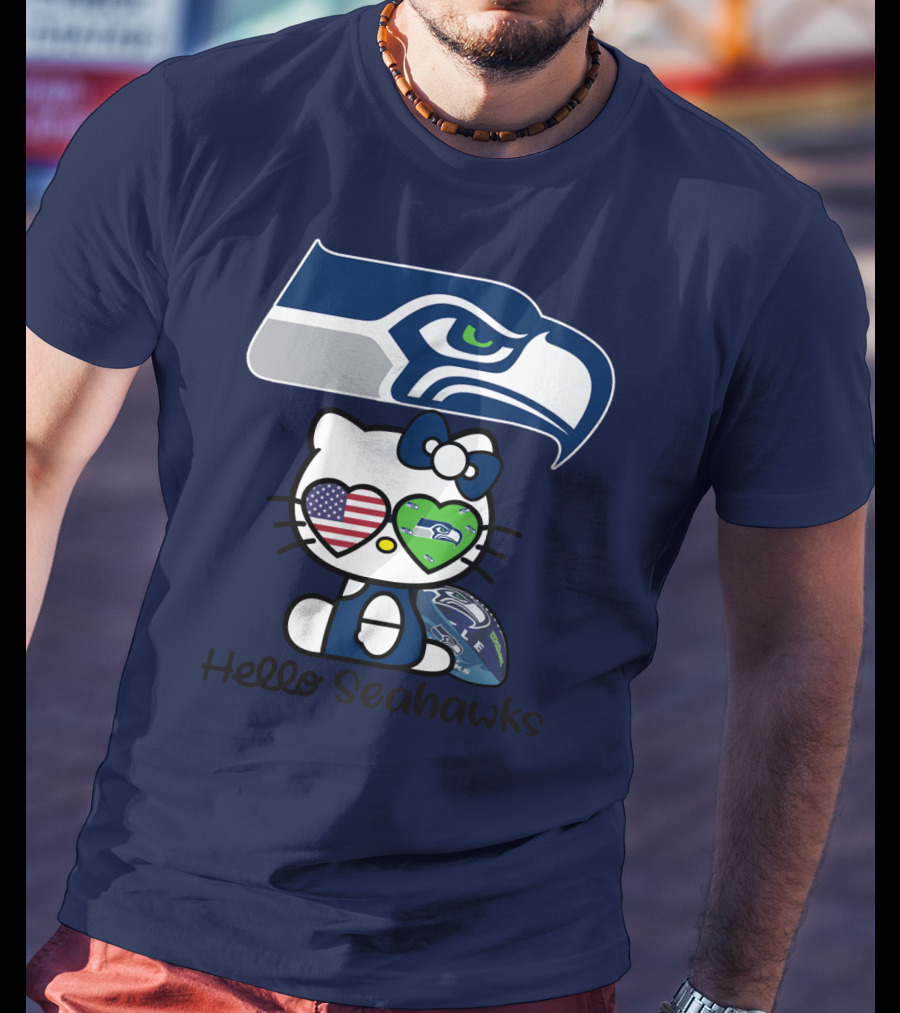 Seattle Seahawks Hello Kitty With Heart Eyes American Flag T-Shirt