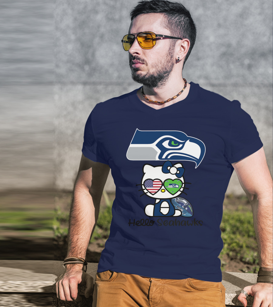 Seattle Seahawks Hello Kitty With Heart Eyes American Flag T-Shirt