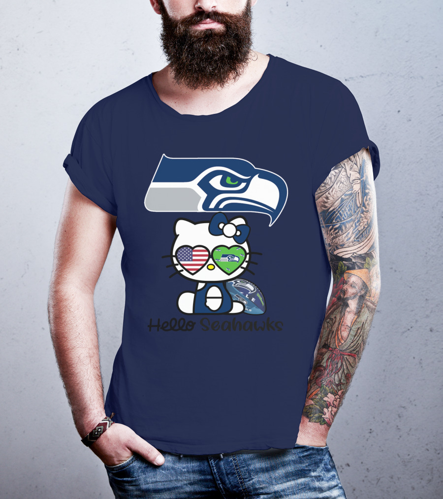 Seattle Seahawks Hello Kitty With Heart Eyes American Flag T-Shirt
