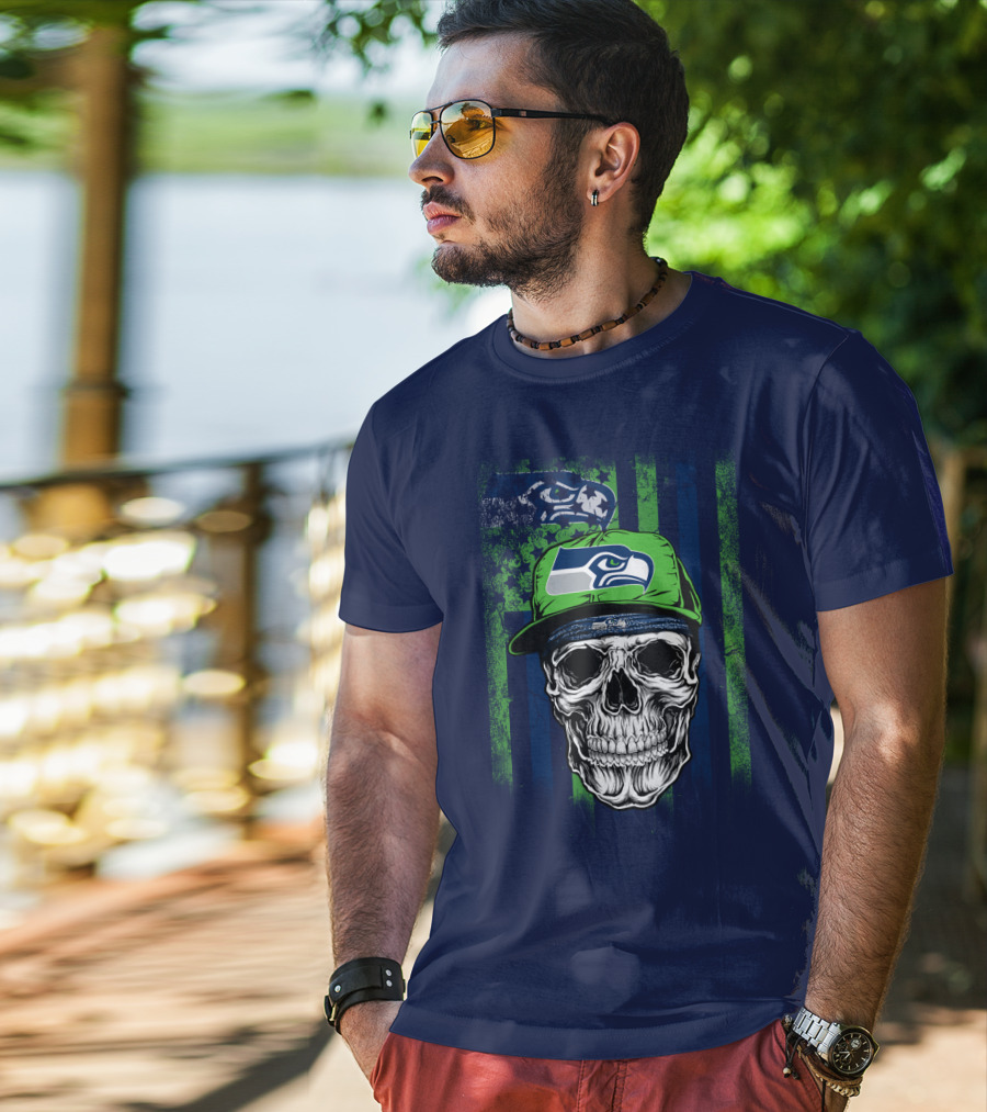 Seattle Seahawks Skull Cap Logo Grunge Style T-Shirt