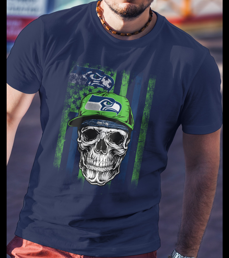Seattle Seahawks Skull Cap Logo Grunge Style T-Shirt