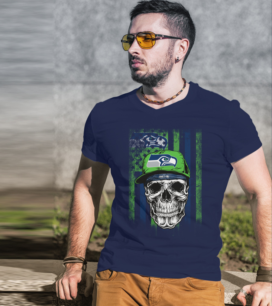 Seattle Seahawks Skull Cap Logo Grunge Style T-Shirt