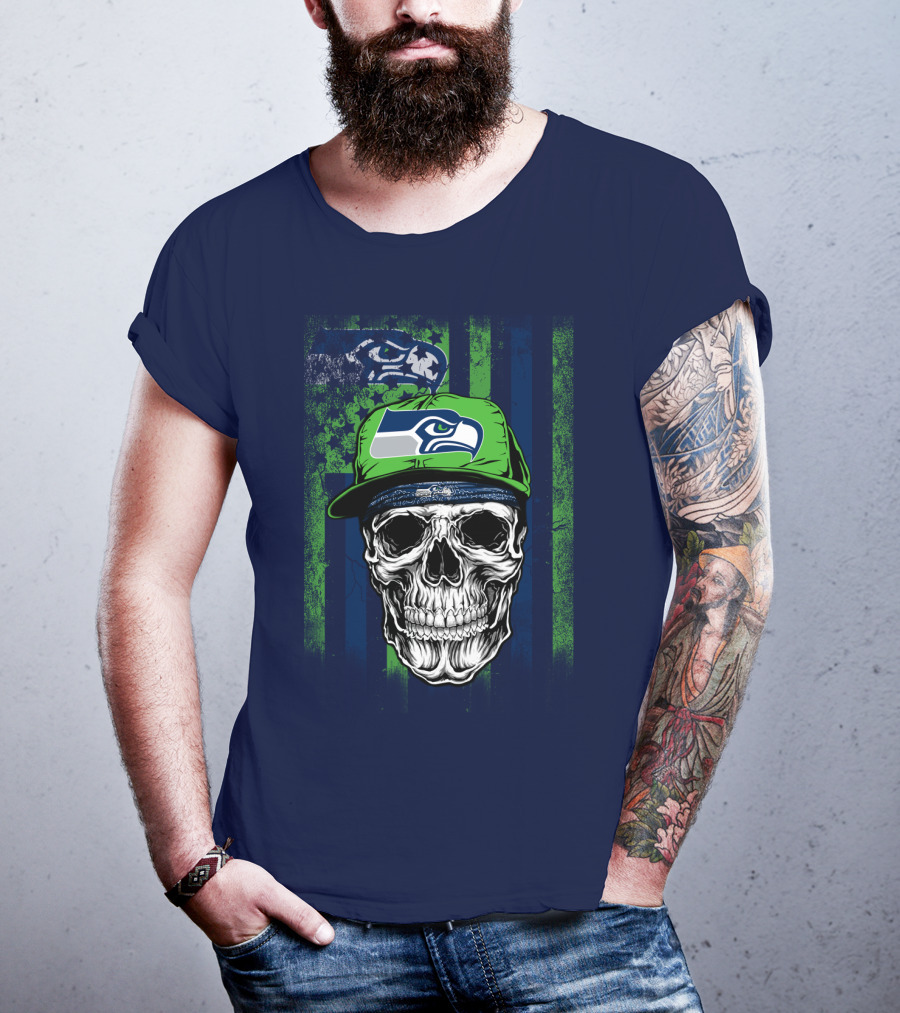 Seattle Seahawks Skull Cap Logo Grunge Style T-Shirt