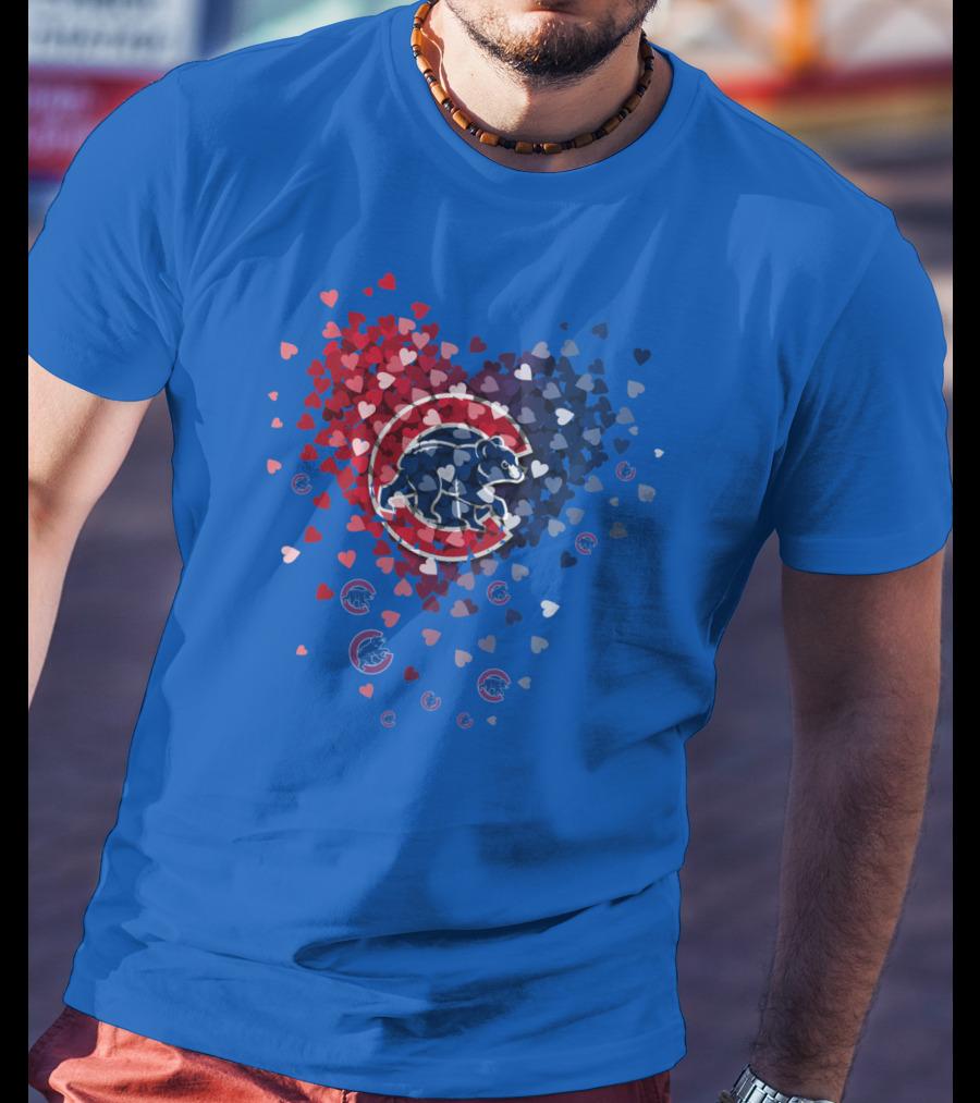 Chicago Cubs Heart Pattern With Bear Logo And Hearts In Red White And Blue T-Shirt