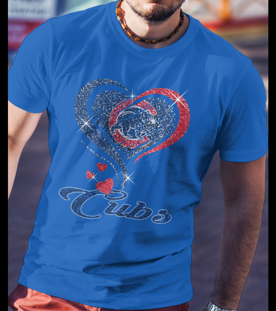 Cubs Sparkling Heart With Chicago Cubs Bear T-Shirt
