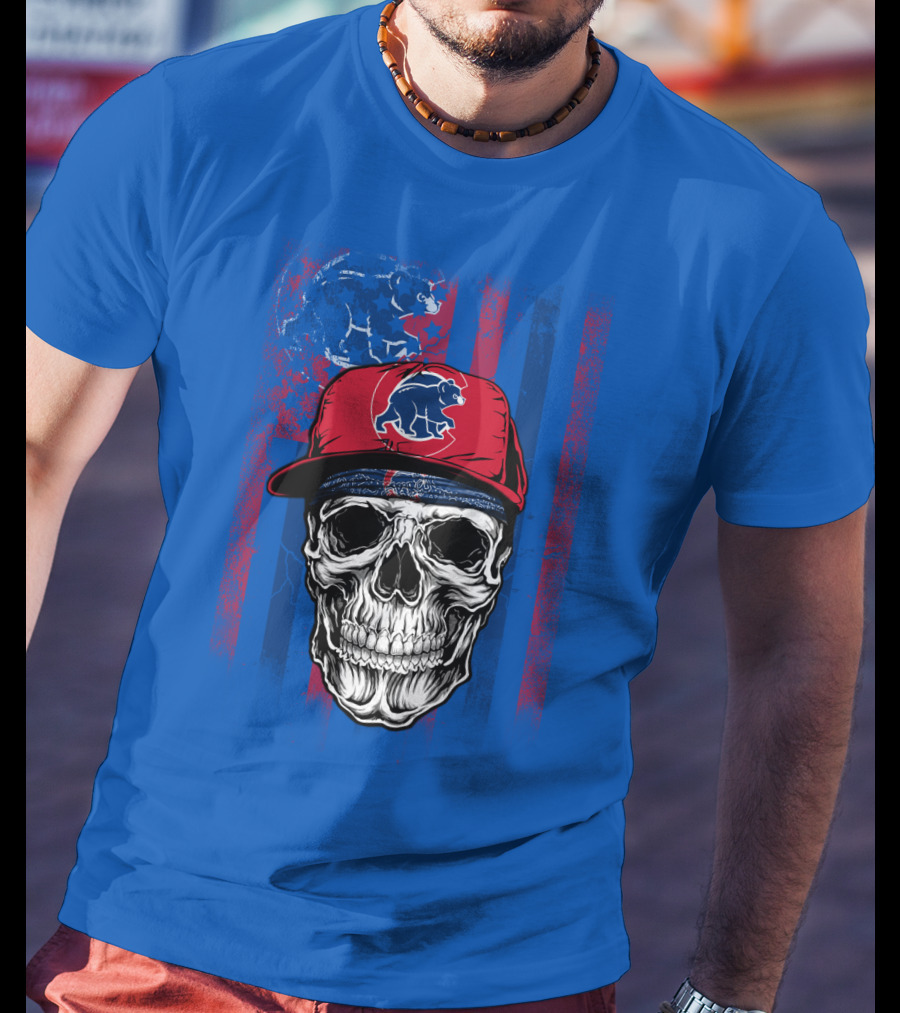 Chicago Cubs Skull With Bear And Cap On Blue T-Shirt