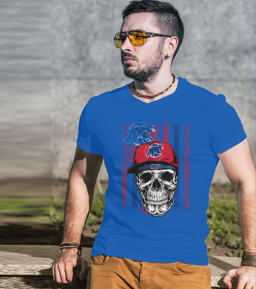 Chicago Cubs Skull With Bear And Cap On Blue T-Shirt