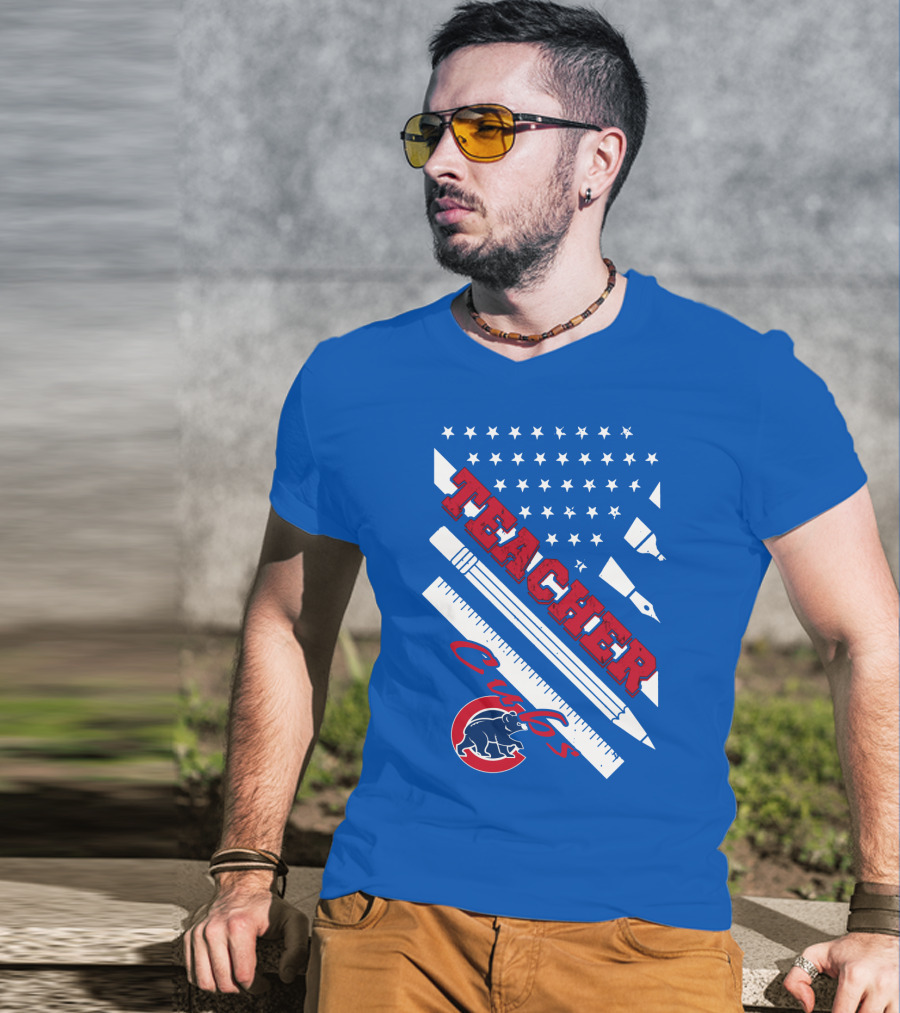 Teacher Cubs American Flag Baseball T-Shirt