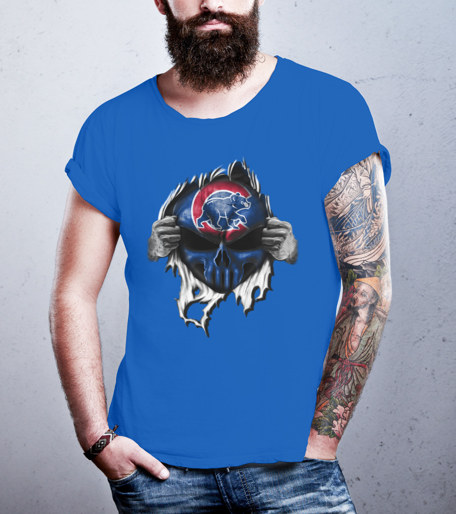 Chicago Cubs Skull Logo With Bear And Red Circle On Blue T-Shirt