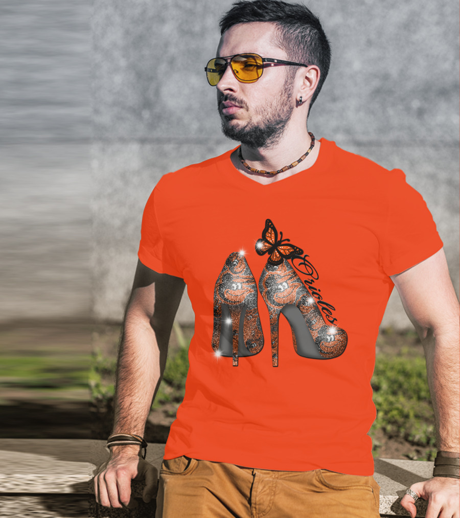 Baltimore Orioles High Heels With Butterfly Sparkle T-Shirt