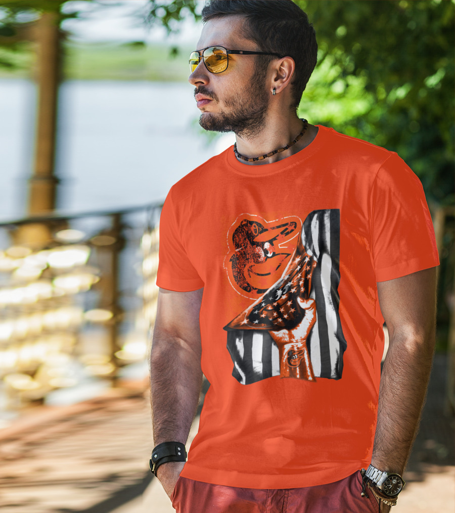 Baltimore Orioles American Flag Fist Logo On Orange T-Shirt