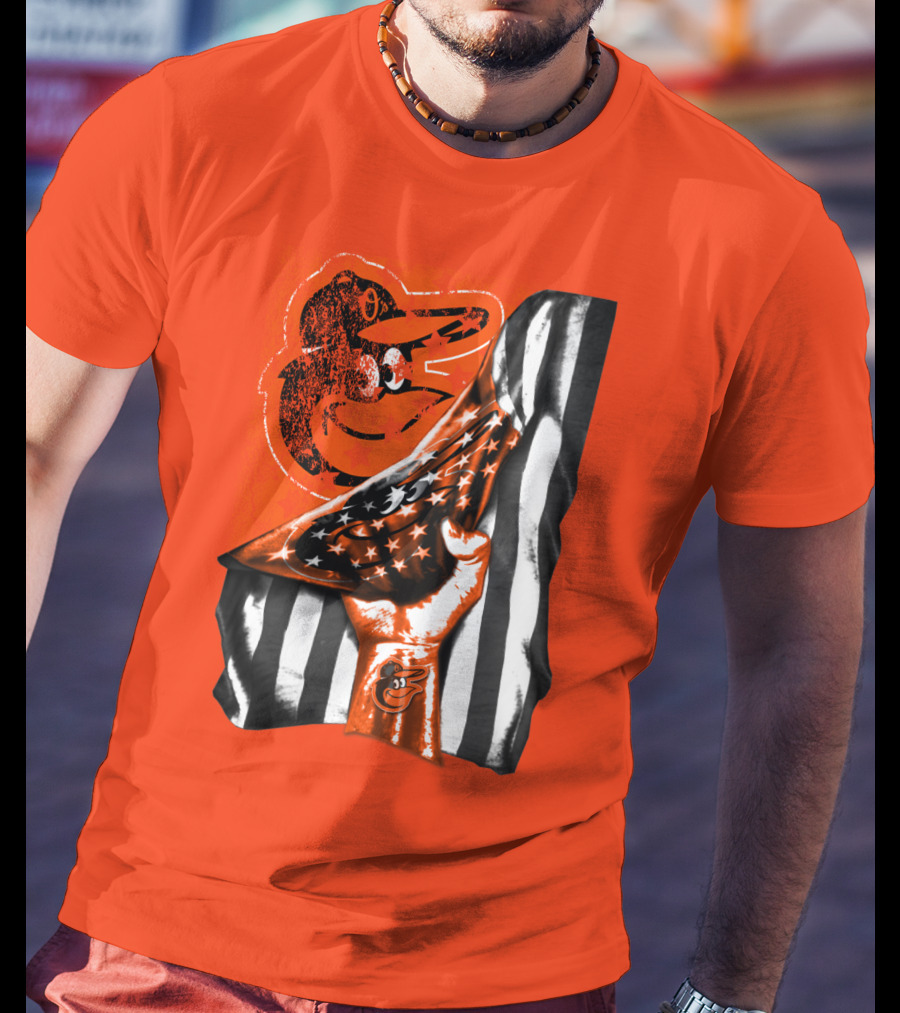 Baltimore Orioles American Flag Fist Logo On Orange T-Shirt