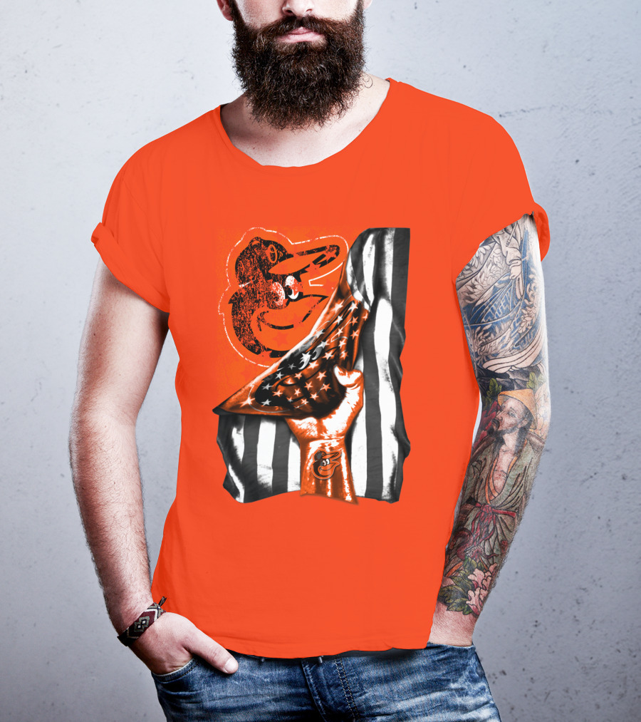 Baltimore Orioles American Flag Fist Logo On Orange T-Shirt