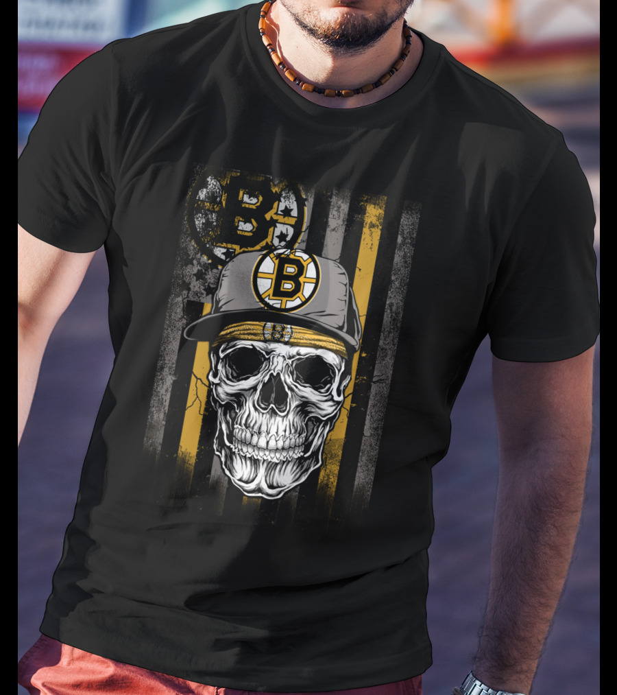 Boston Bruins Skull With Hat And Stripes T-Shirt