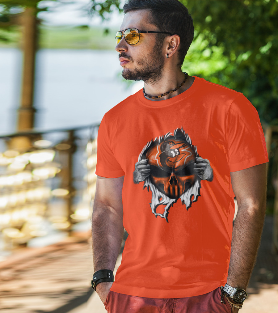 Baltimore Orioles Skull Logo Halloween Rip Effect T-Shirt