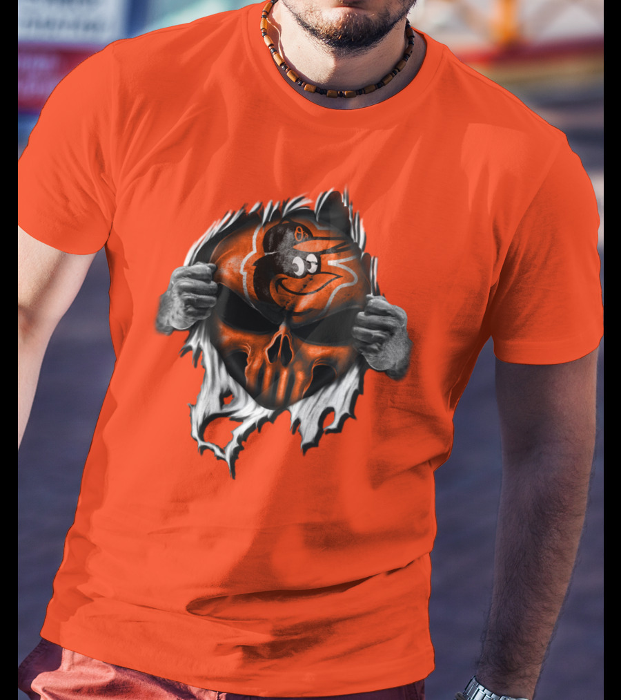 Baltimore Orioles Skull Logo Halloween Rip Effect T-Shirt