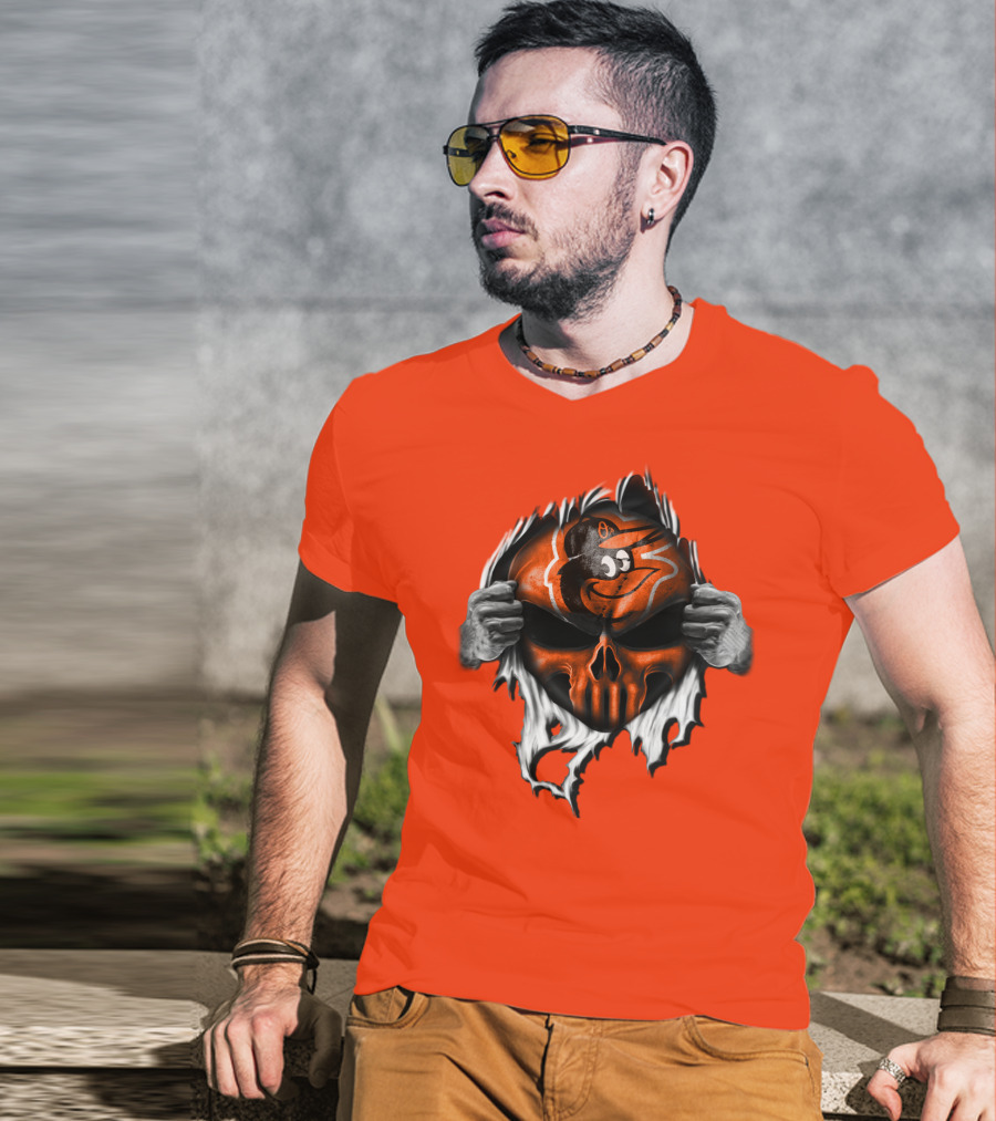 Baltimore Orioles Skull Logo Halloween Rip Effect T-Shirt