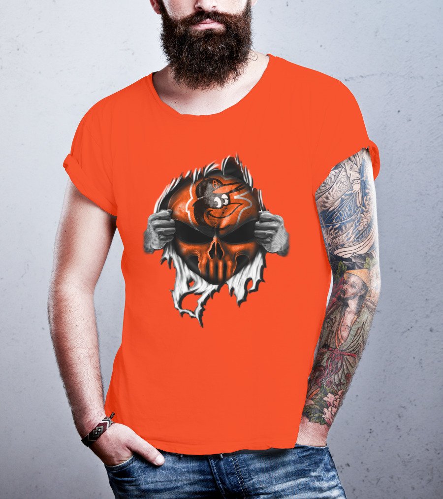 Baltimore Orioles Skull Logo Halloween Rip Effect T-Shirt