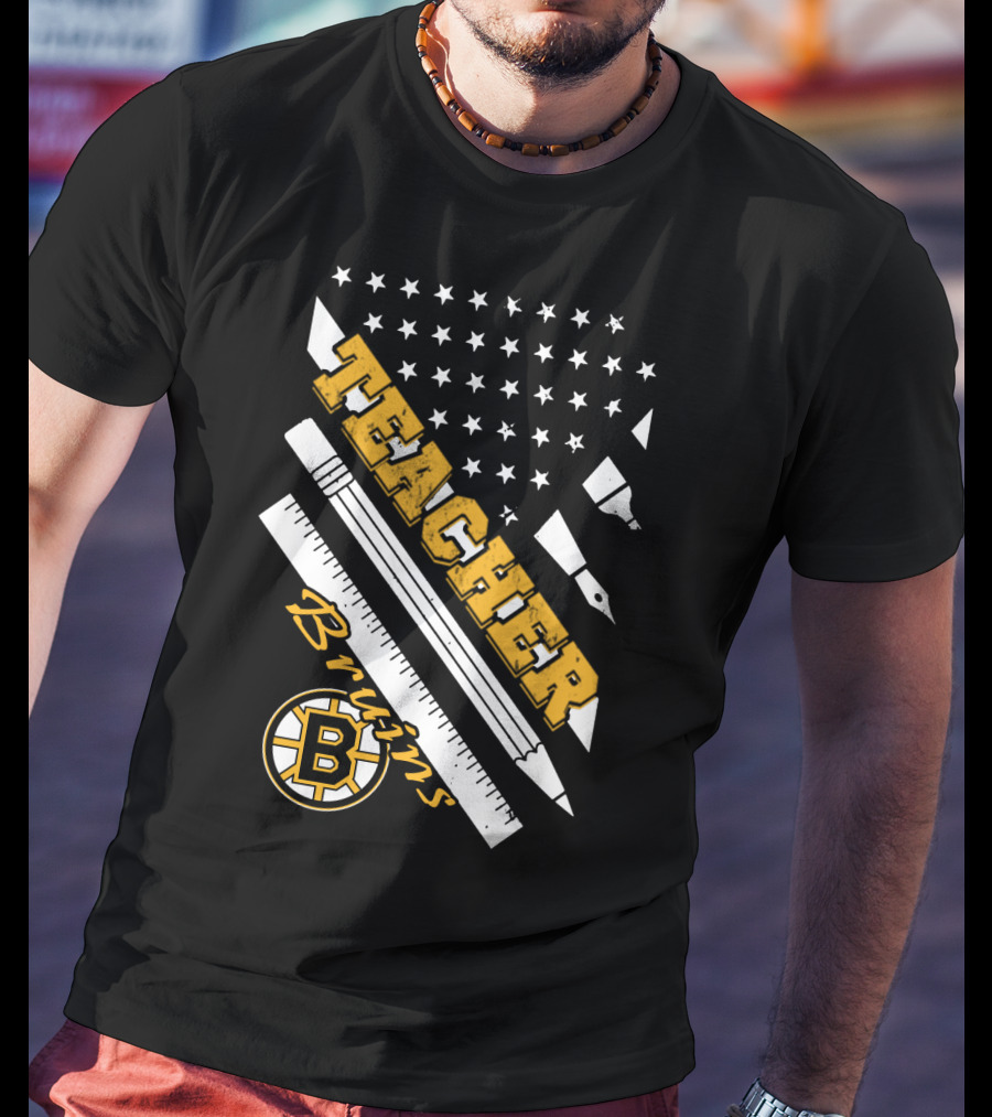 Boston Bruins Teacher American Flag Ruler Pencil Pen Stars T-Shirt