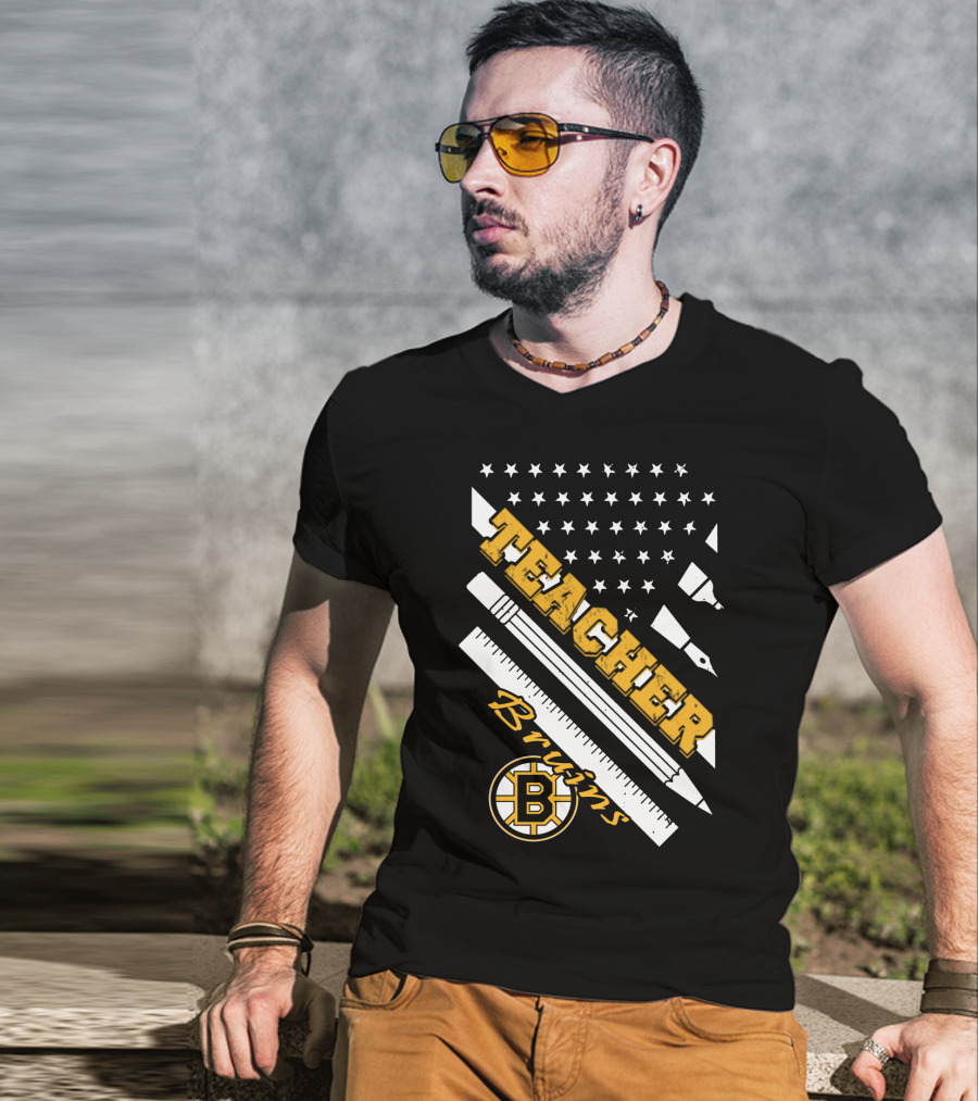 Boston Bruins Teacher American Flag Ruler Pencil Pen Stars T-Shirt