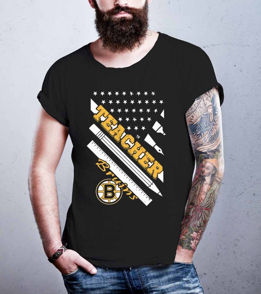 Boston Bruins Teacher American Flag Ruler Pencil Pen Stars T-Shirt