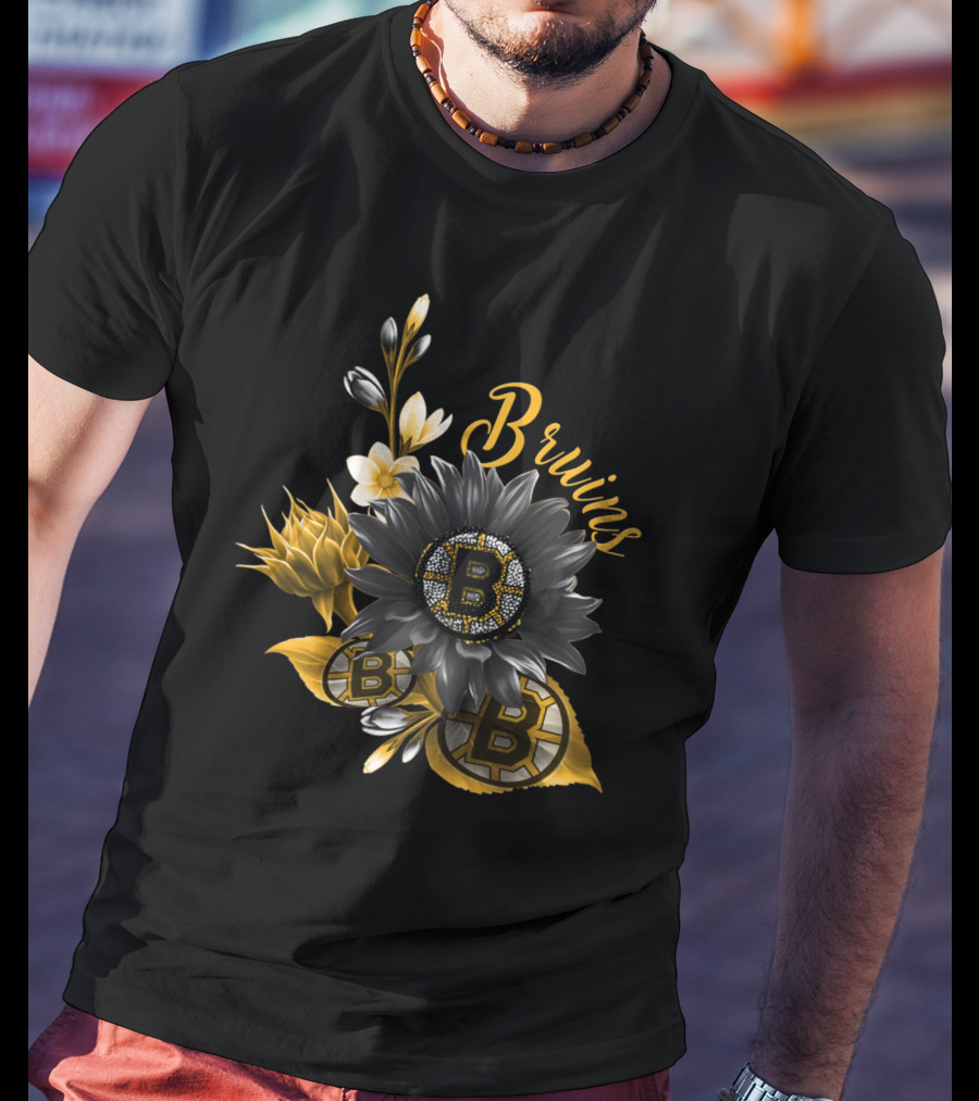 Boston Bruins Floral Logo Design With Yellow Flowers And Black T-Shirt
