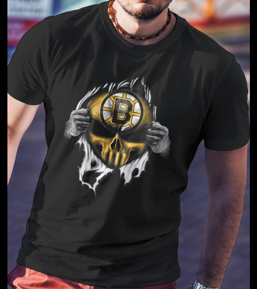 Boston Bruins Skull Logo Ripping Through T-Shirt