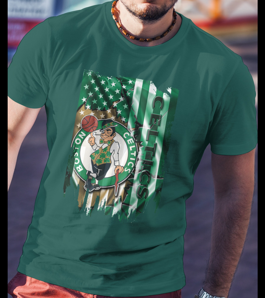 Boston Celtics Shamrock Leprechaun American Flag Basketball T-Shirt