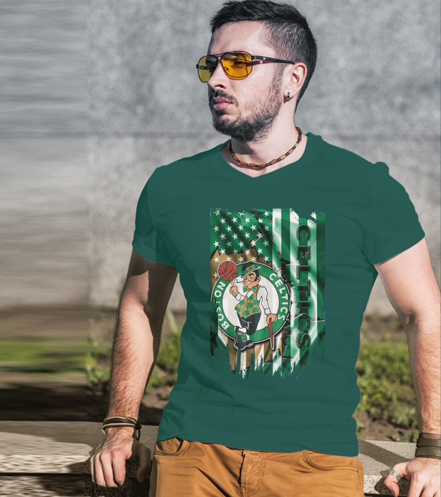 Boston Celtics Shamrock Leprechaun American Flag Basketball T-Shirt