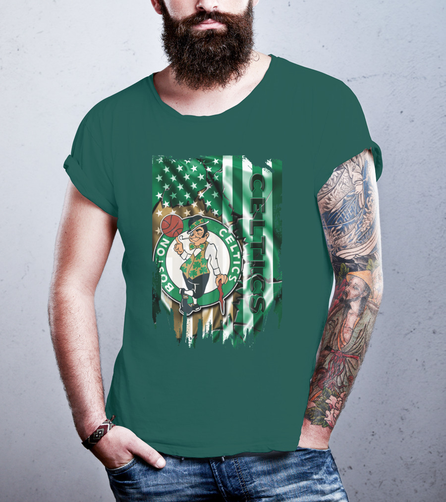 Boston Celtics Shamrock Leprechaun American Flag Basketball T-Shirt