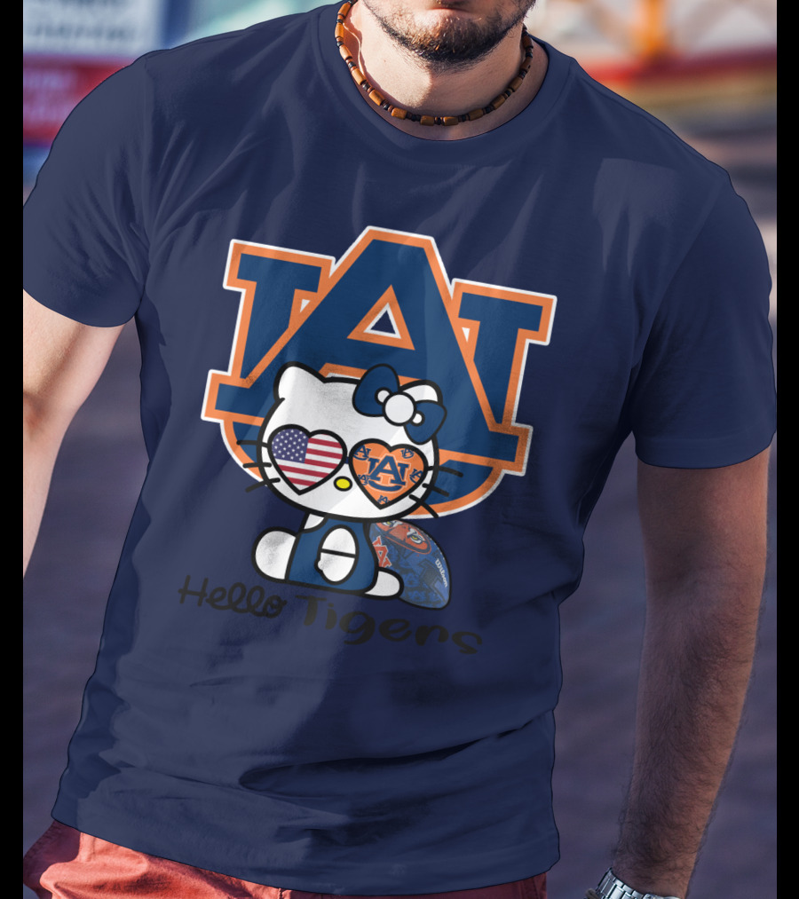 Hello Tigers Auburn Kitty Football American Flag T-Shirt