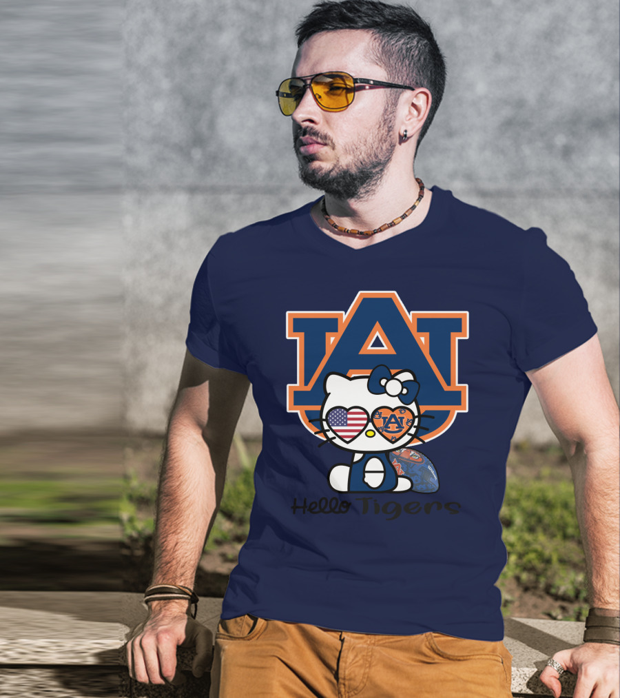 Hello Tigers Auburn Kitty Football American Flag T-Shirt
