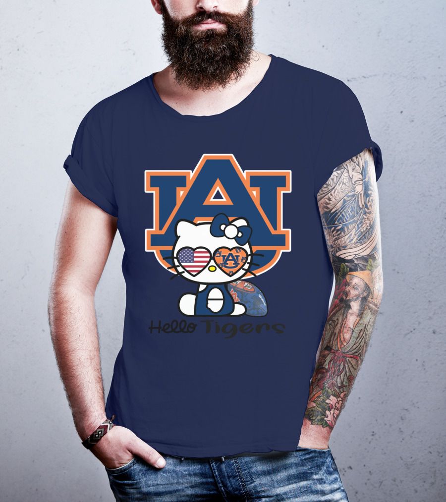 Hello Tigers Auburn Kitty Football American Flag T-Shirt