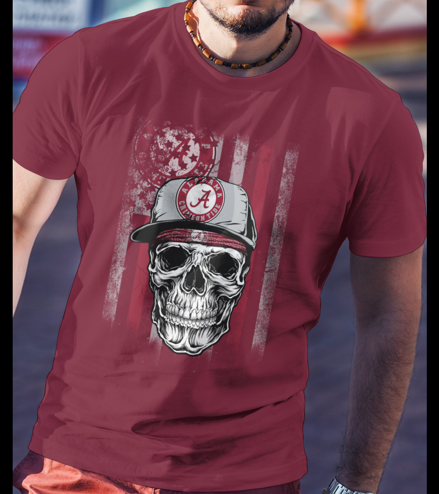 Alabama Crimson Tide Skull With Cap And Crimson T-Shirt