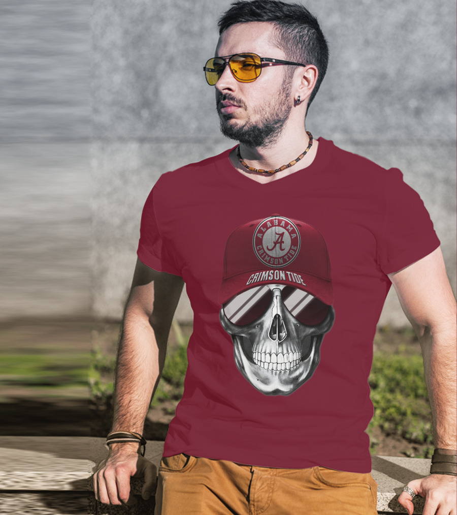 Alabama Crimson Tide Skull With Cap And Sunglasses T-Shirt