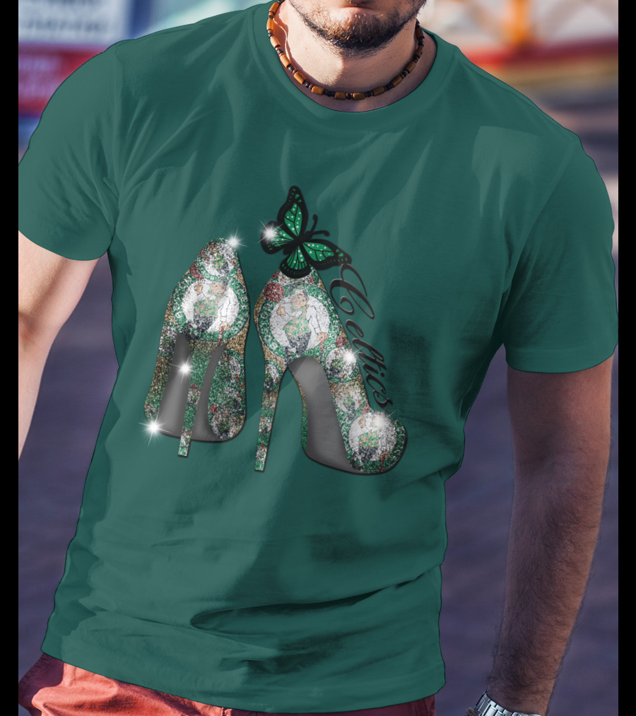 Boston Celtics High Heels With Green Butterfly Sparkle T-Shirt