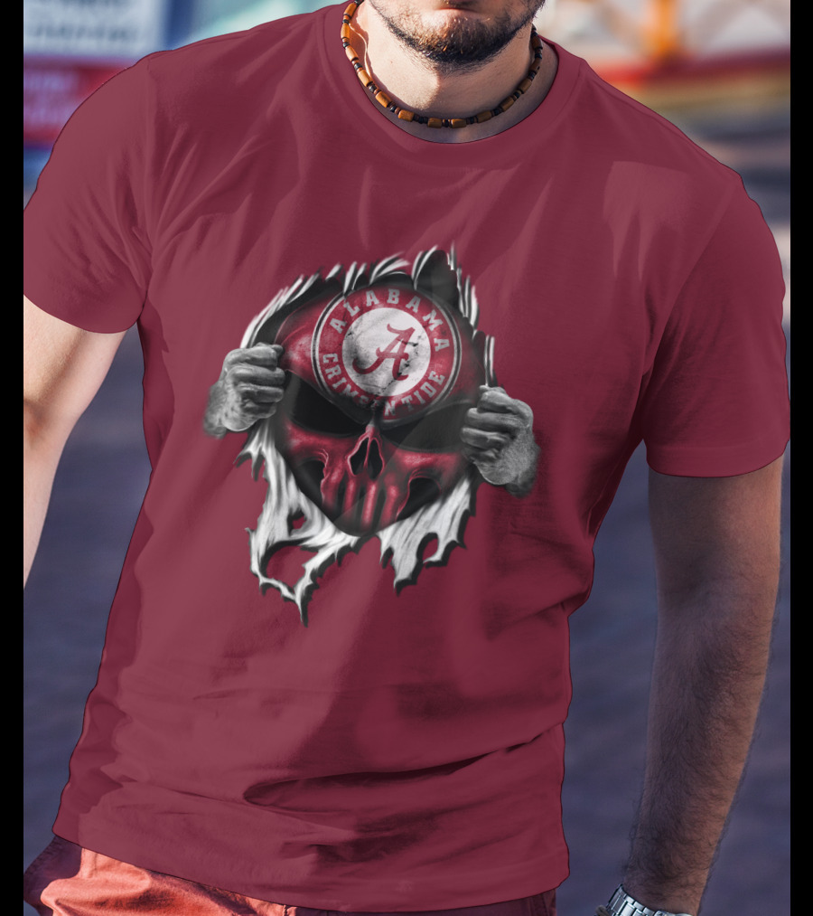 Alabama Crimson Tide Skull Emblem With Red And White Torn Fabric Effect T-Shirt