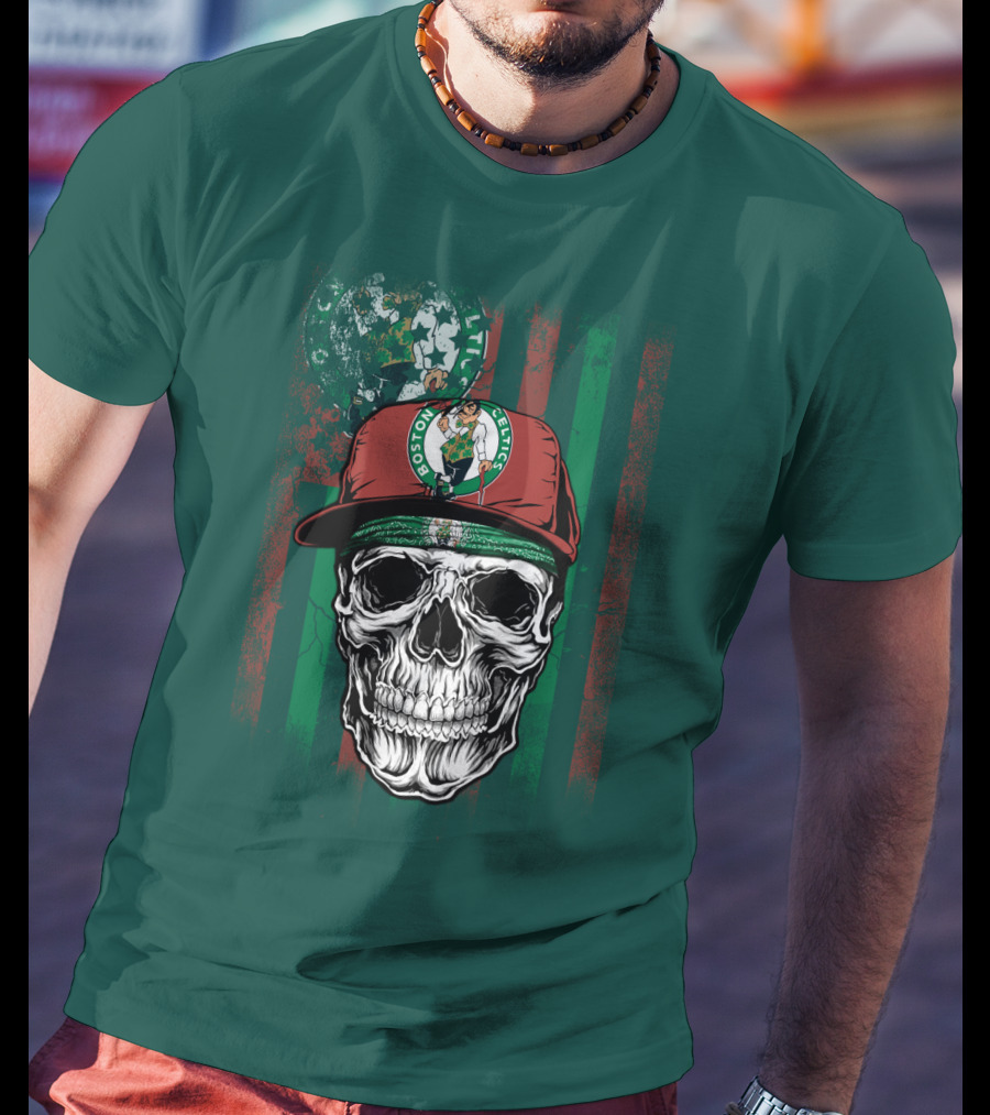 Boston Celtics Skull With Cap And Stripes T-Shirt