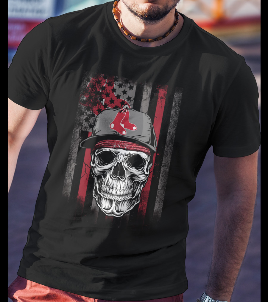 Boston Red Sox Skull With Cap And Stars And Stripes T-Shirt