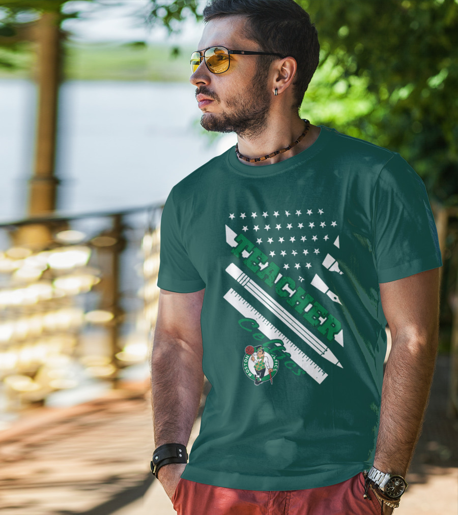 Boston Celtics Teacher Stars And Stripes Pencil Ruler T-Shirt
