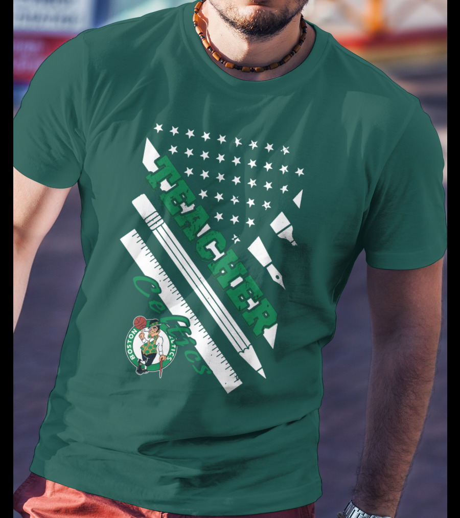 Boston Celtics Teacher Stars And Stripes Pencil Ruler T-Shirt