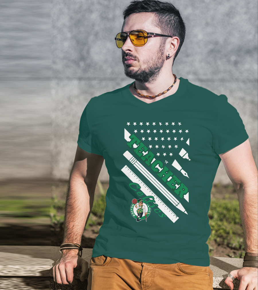 Boston Celtics Teacher Stars And Stripes Pencil Ruler T-Shirt