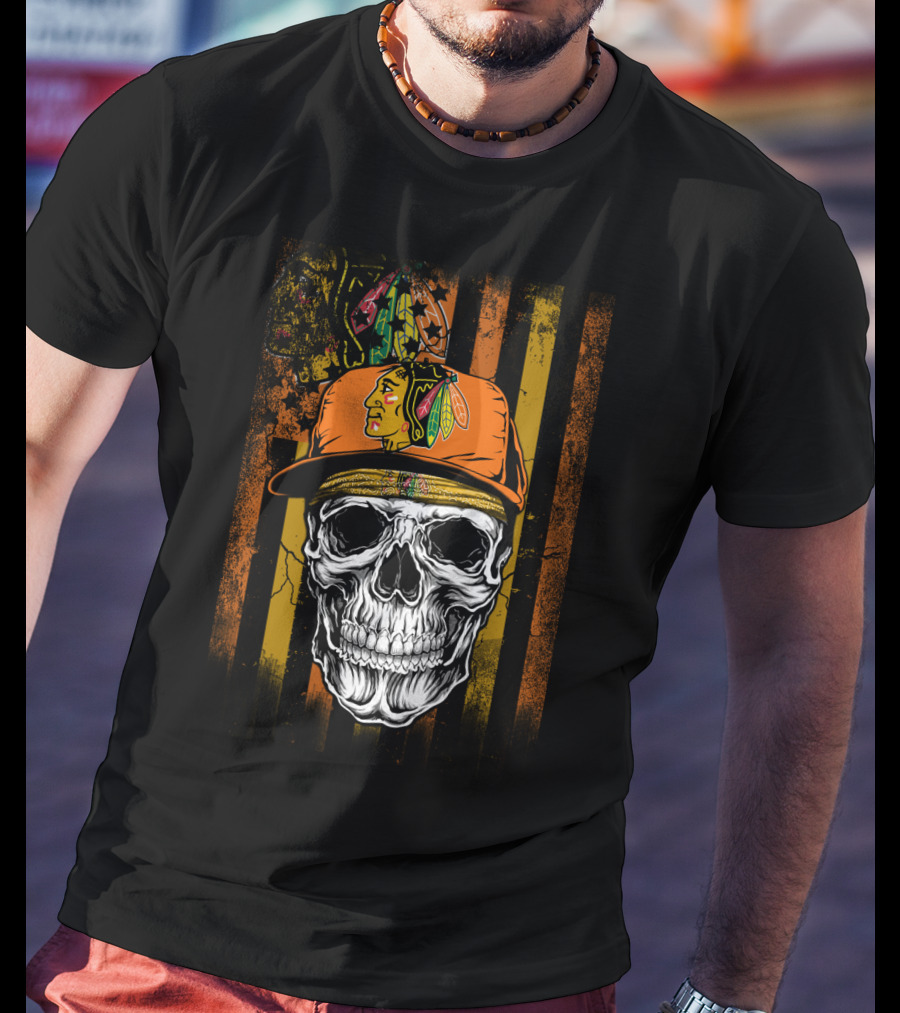 Chicago Blackhawks Skull With Hat And Feathered T-Shirt