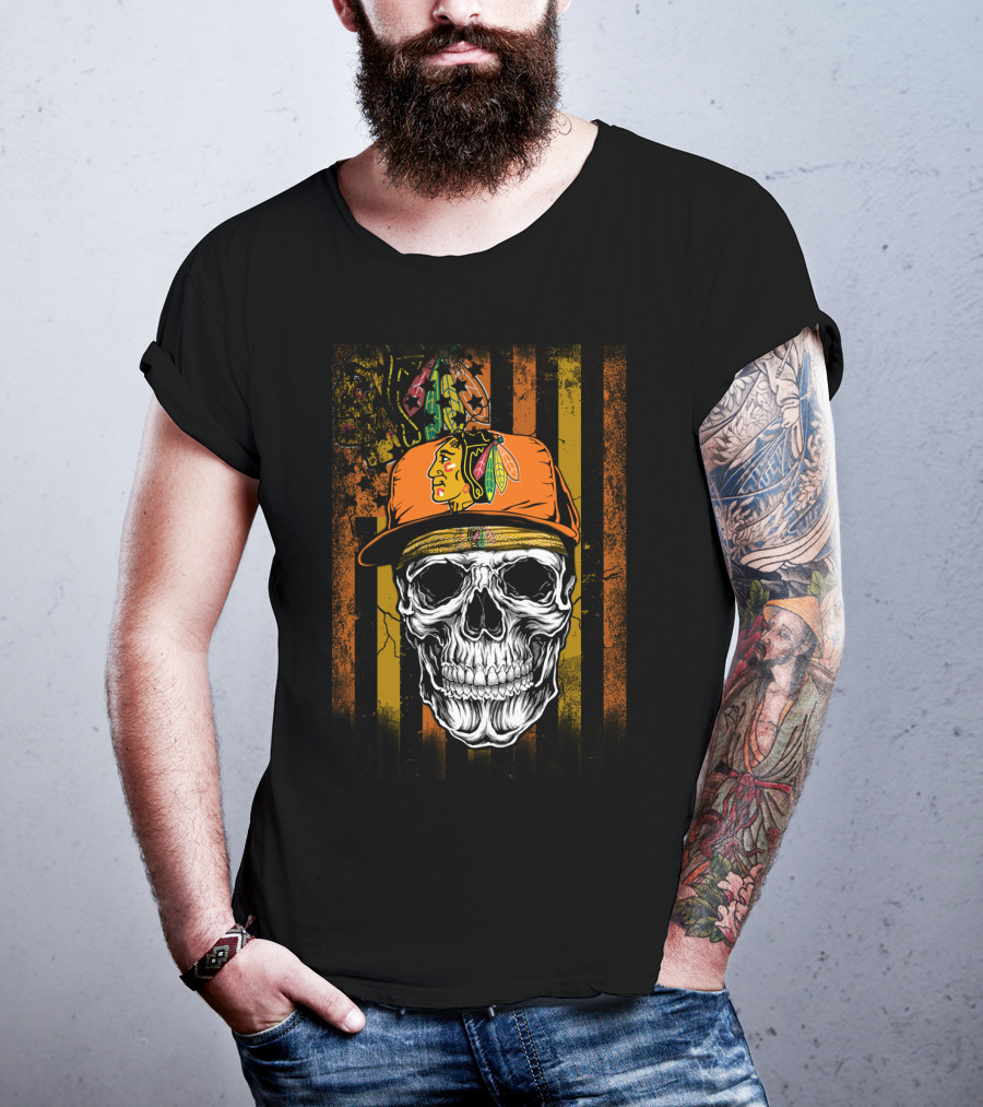 Chicago Blackhawks Skull With Hat And Feathered T-Shirt