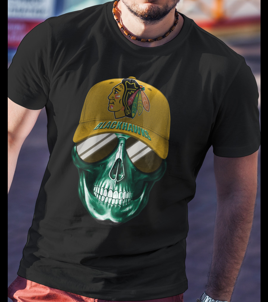 Chicago Blackhawks Skull With Iconic Logo And Cap T-Shirt