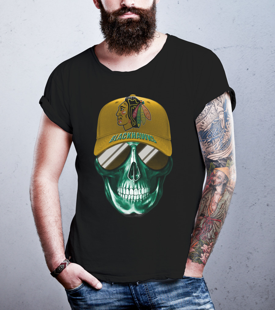 Chicago Blackhawks Skull With Iconic Logo And Cap T-Shirt
