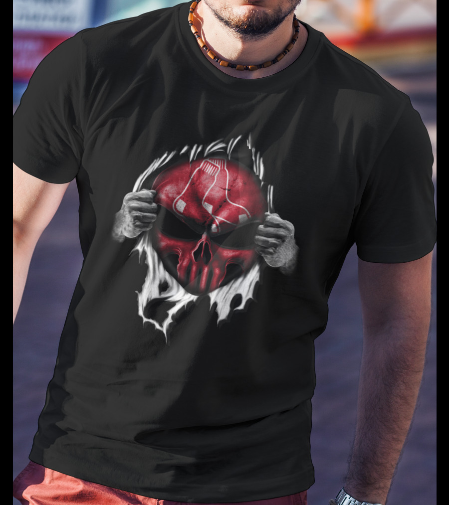 Boston Red Sox Skull Emblem With Hands Tearing T-Shirt