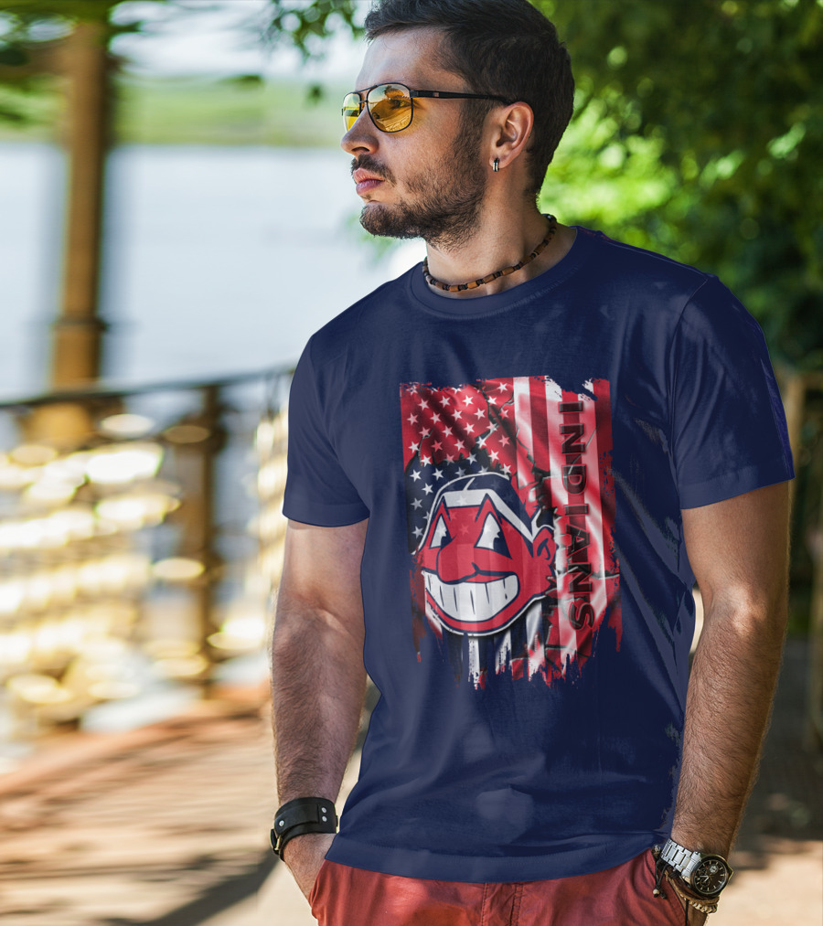 Cleveland Indians Chief Wahoo American Flag Patriotic Baseball T-Shirt