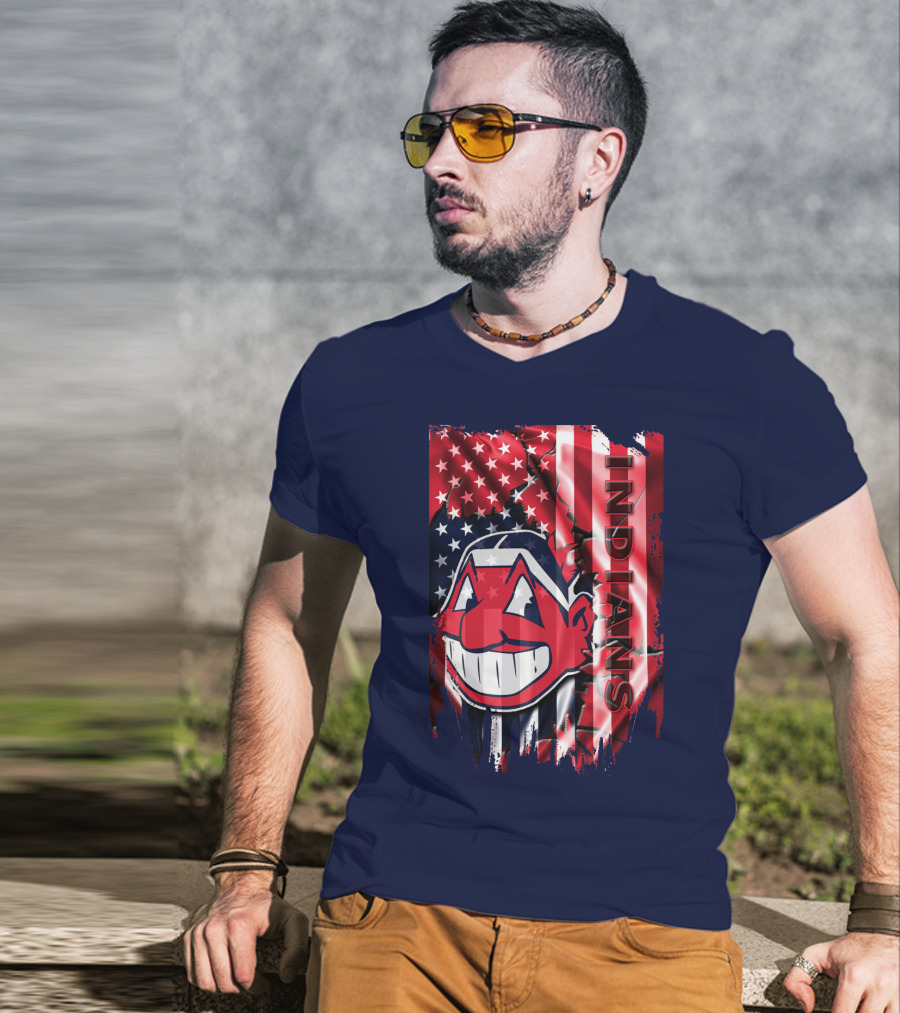 Cleveland Indians Chief Wahoo American Flag Patriotic Baseball T-Shirt
