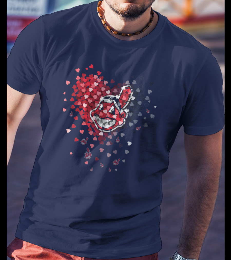 Cleveland Indians Heart Logo With Feathered Chief Wahoo In Blue And Red T-Shirt